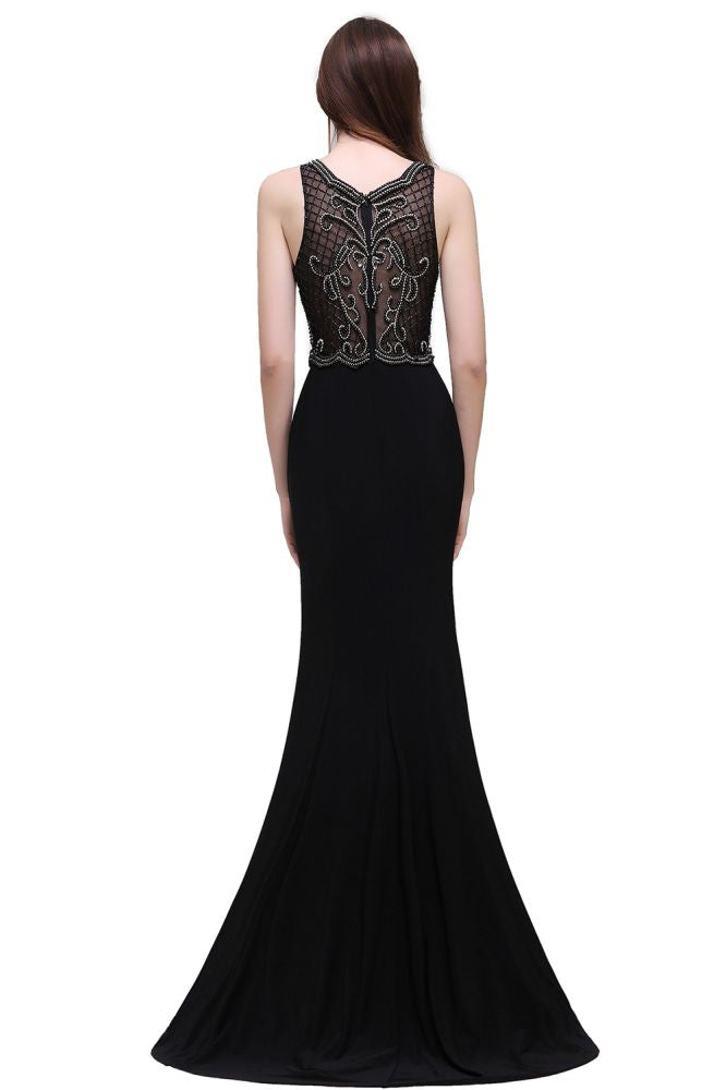 Vestidos de fiesta negros de corte A con tirantes de perlas y cola dulce