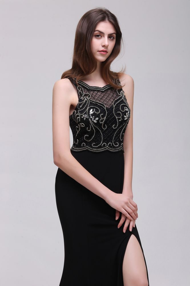 Vestidos de fiesta negros de corte A con tirantes de perlas y cola dulce