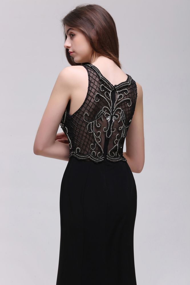 Vestidos de fiesta negros de corte A con tirantes de perlas y cola dulce