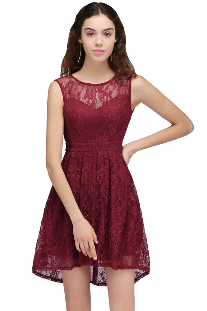Vestidos de fiesta de bienvenida burdeos con encaje, cuello redondo y corte A