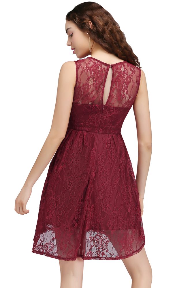 Vestidos de fiesta de bienvenida burdeos con encaje, cuello redondo y corte A