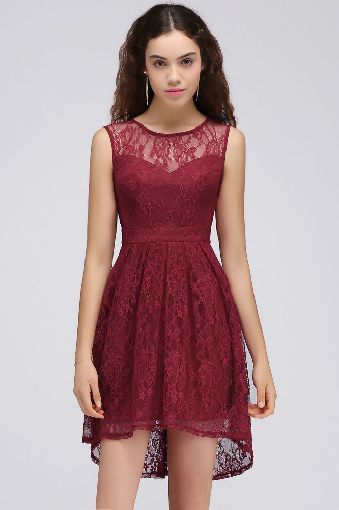 Vestidos de fiesta de bienvenida burdeos con encaje, cuello redondo y corte A
