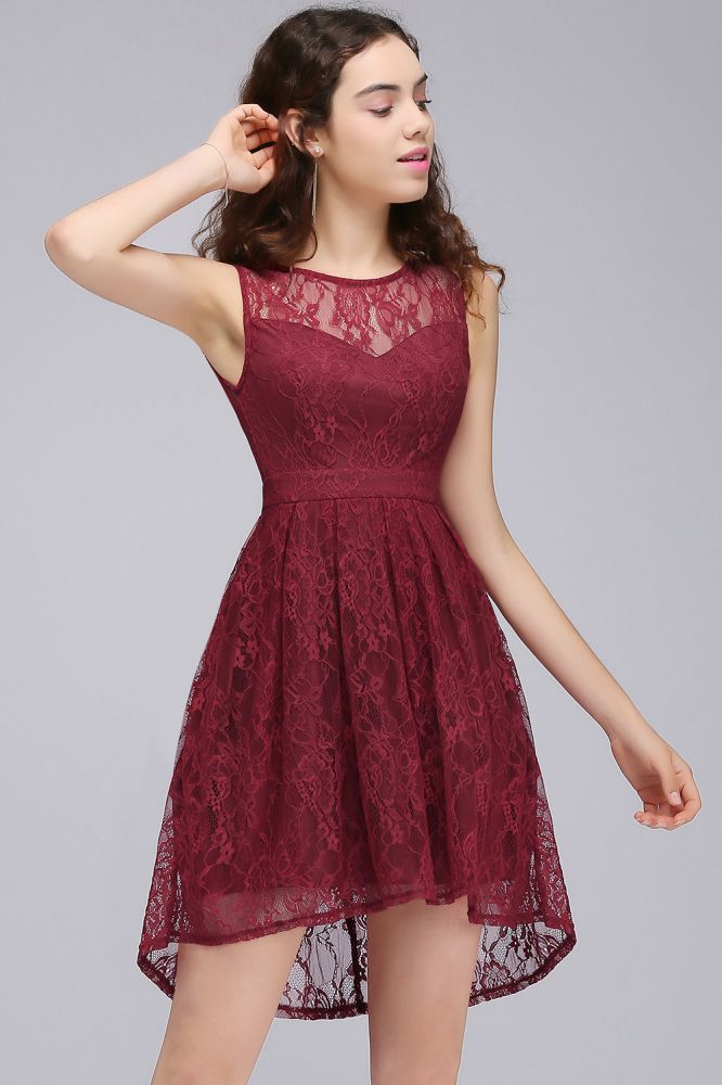 Vestidos de fiesta de bienvenida burdeos con encaje, cuello redondo y corte A