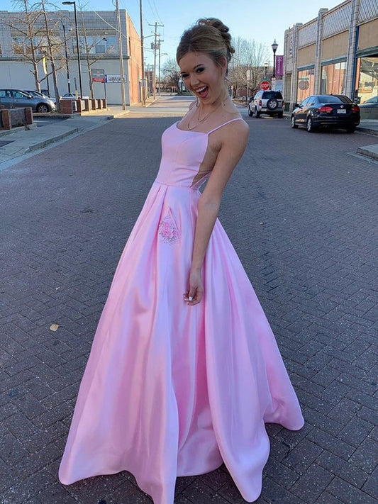 A-Linie Satin Floral Lange Ballkleider mit Taschen Rückenfreies Formelles Abschluss-Abendkleid
