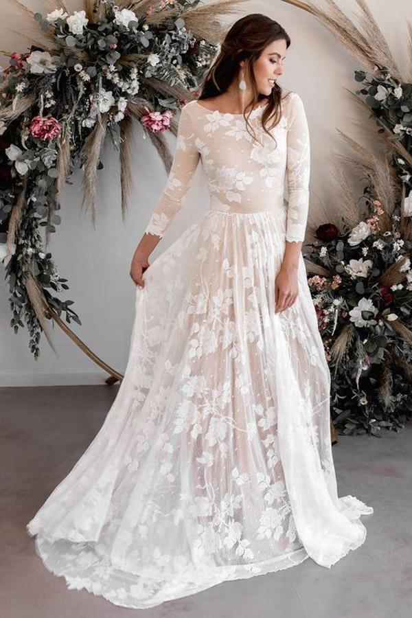 A-Linie U-Ausschnitt Lange Ärmel Spitze Hochzeitskleid Brautkleid