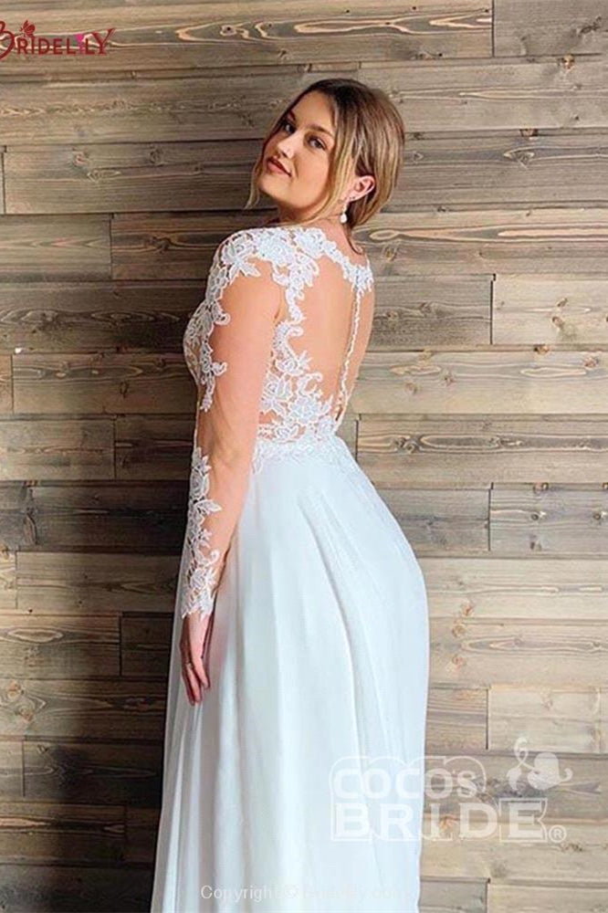 A-Linie Brautkleider aus transparenter Tüllspitze mit langen Ärmeln und bodenlangen Strand-Brautkleidern