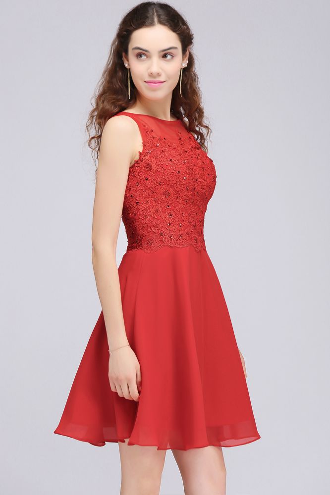 A-Linie, kurzes rotes Chiffon-Heimkehrkleid mit Spitzenapplikationen