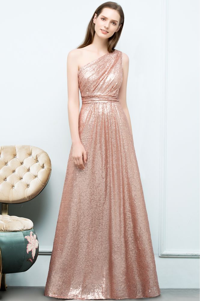 A-line Sleeveless Floor Length One-shoulder Sequins Prom Dresses
