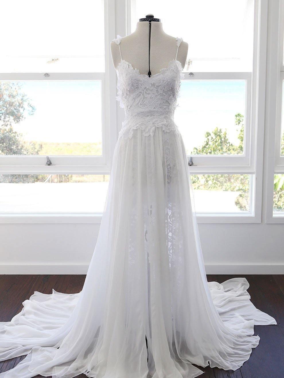 A-Linie Spaghettiträger Weiß Spitze Chiffon Strand Hochzeit Brautkleider
