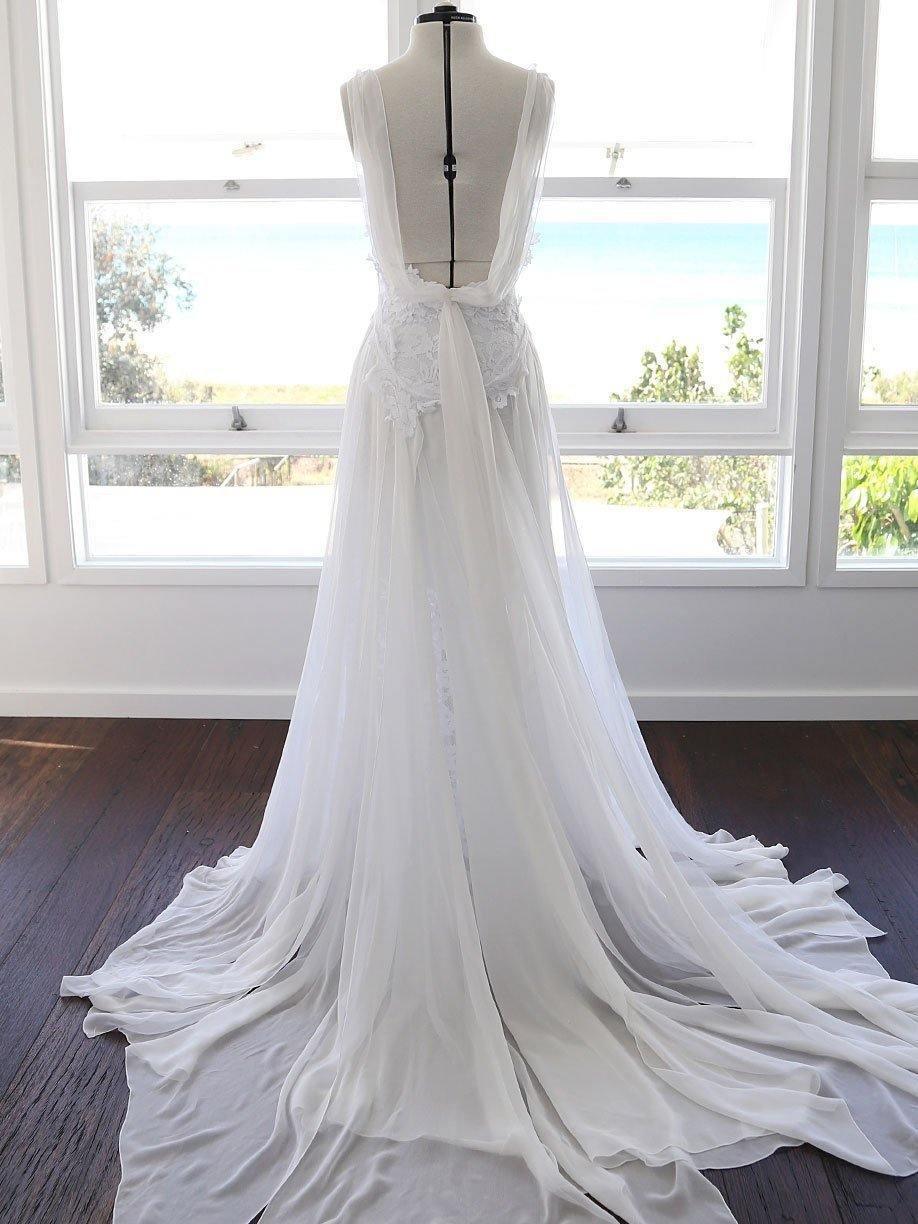 A-Linie Spaghettiträger Weiß Spitze Chiffon Strand Hochzeit Brautkleider
