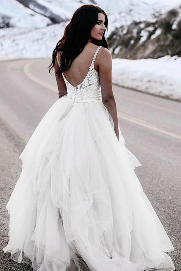 A-Linie Spaghettiträger Asymmetrisches Brautkleid mit Spitze