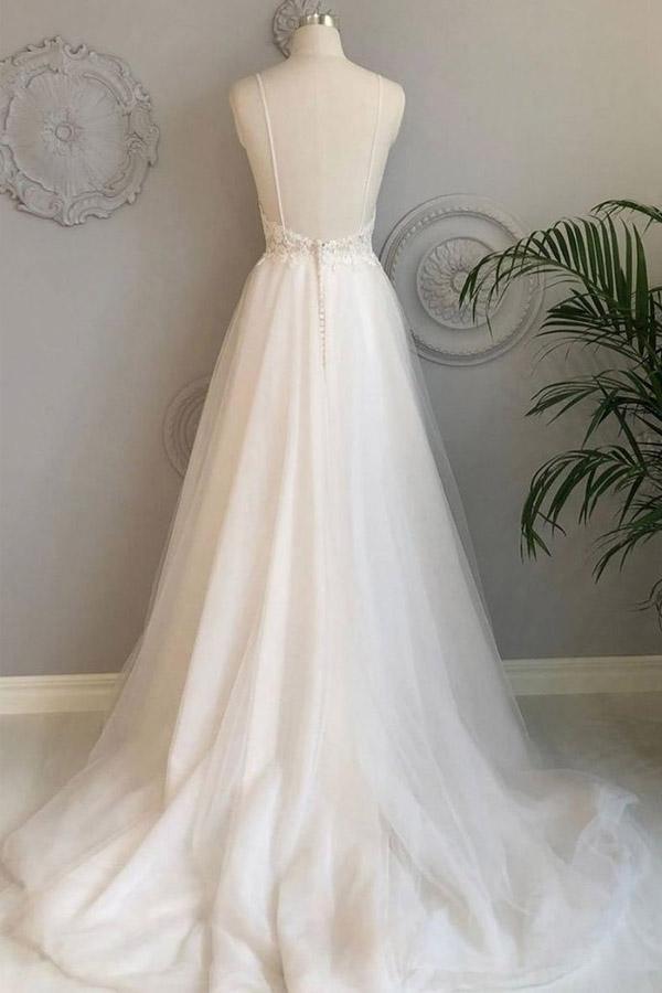 A Line Spaghetti Straps Beach Wedding Dresses Lace Wedding Gowns
