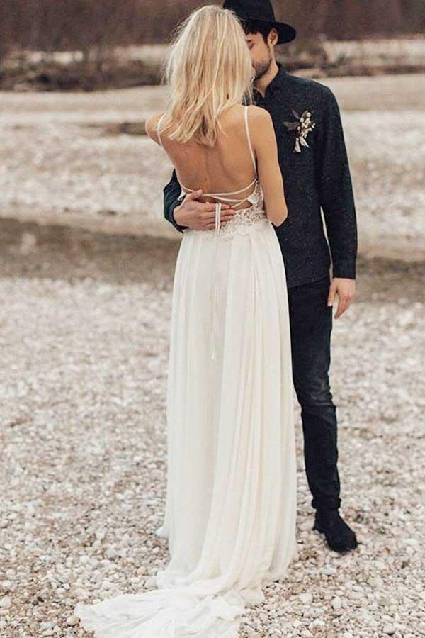 A-Linie Spaghettiträger Langes Chiffon Brautkleid mit Spitze