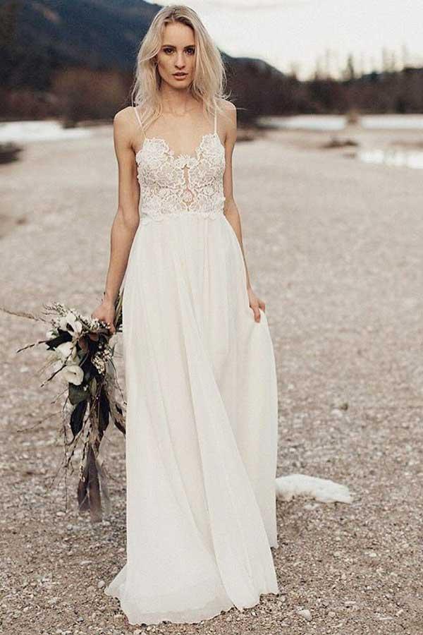 A-Linie Spaghettiträger Langes Chiffon Brautkleid mit Spitze
