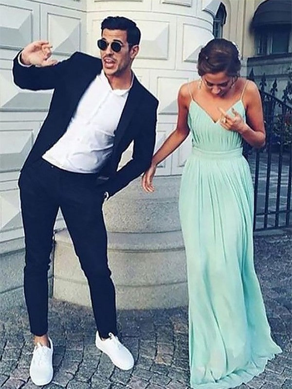Vestidos de fiesta de gasa fruncida, sin mangas, con tirantes finos y corte en A