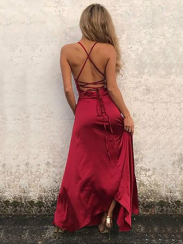 Vestido de fiesta de satén elástico, sin mangas, con tirantes finos, corte A y volantes hasta el suelo