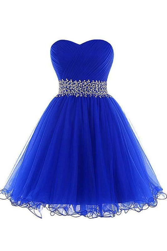 Vestido de fiesta azul rey corto de tul con cordones y escote en forma de A