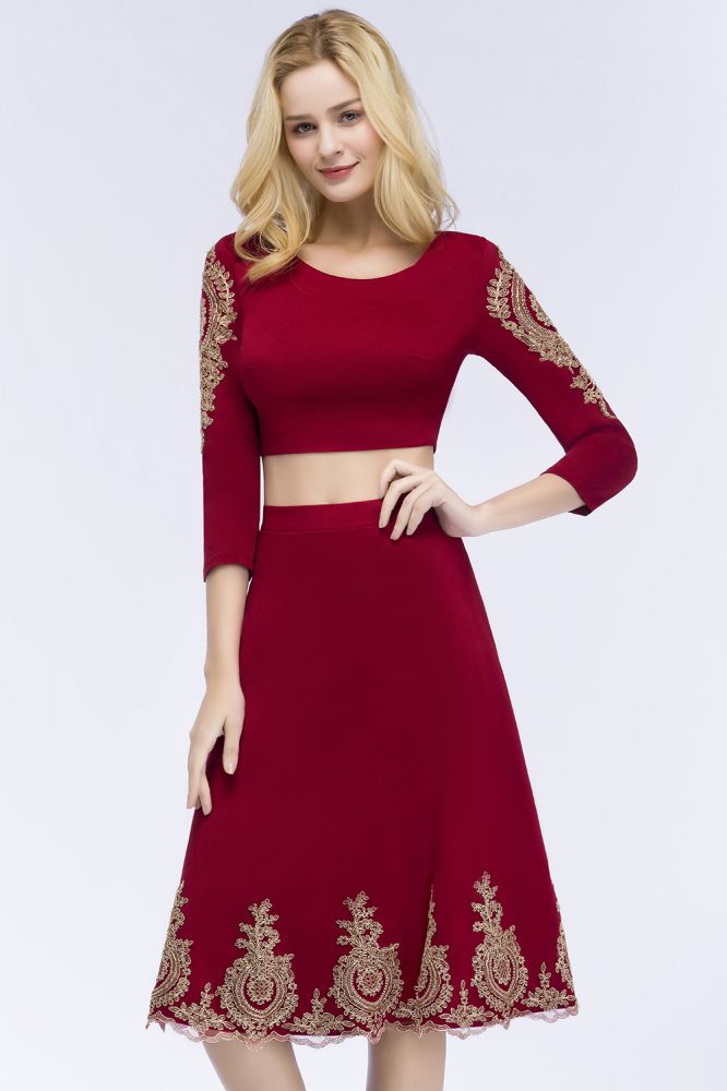 Vestidos de fiesta de dos piezas, corte A, talla grande, largo hasta la rodilla, mangas largas, apliques