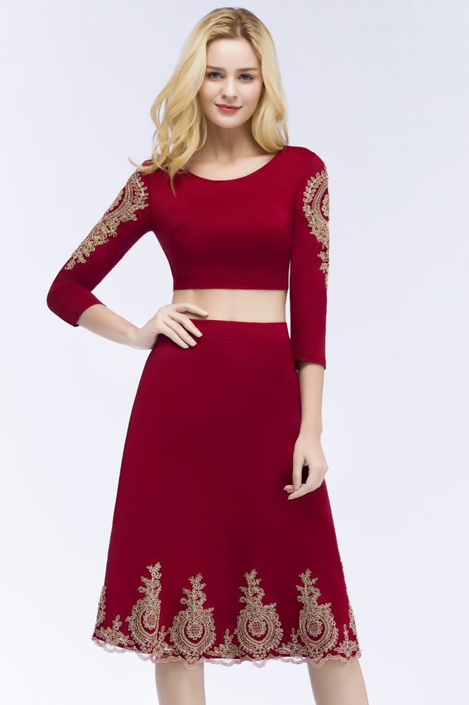 Vestidos de fiesta de dos piezas, corte A, talla grande, largo hasta la rodilla, mangas largas, apliques