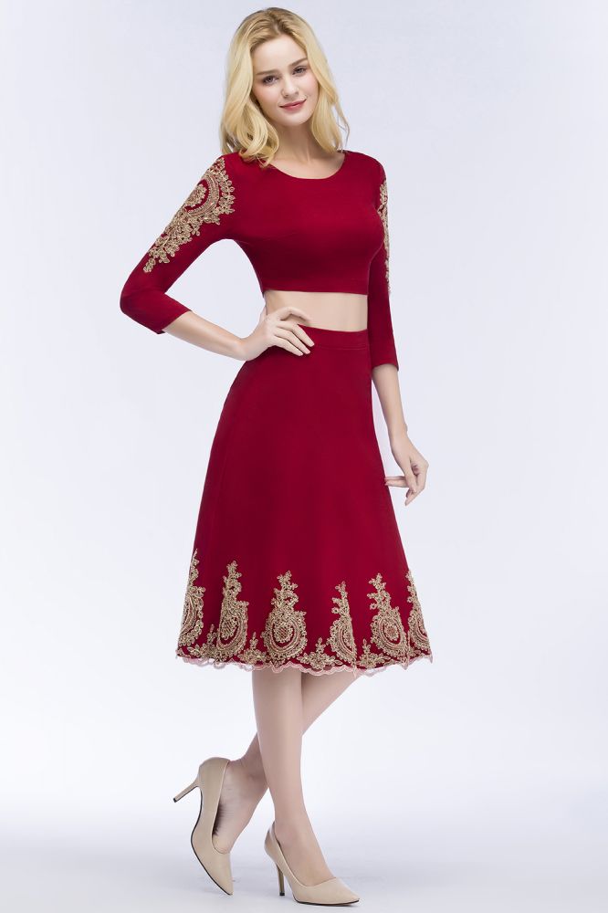 Vestidos de fiesta de dos piezas, corte A, talla grande, largo hasta la rodilla, mangas largas, apliques