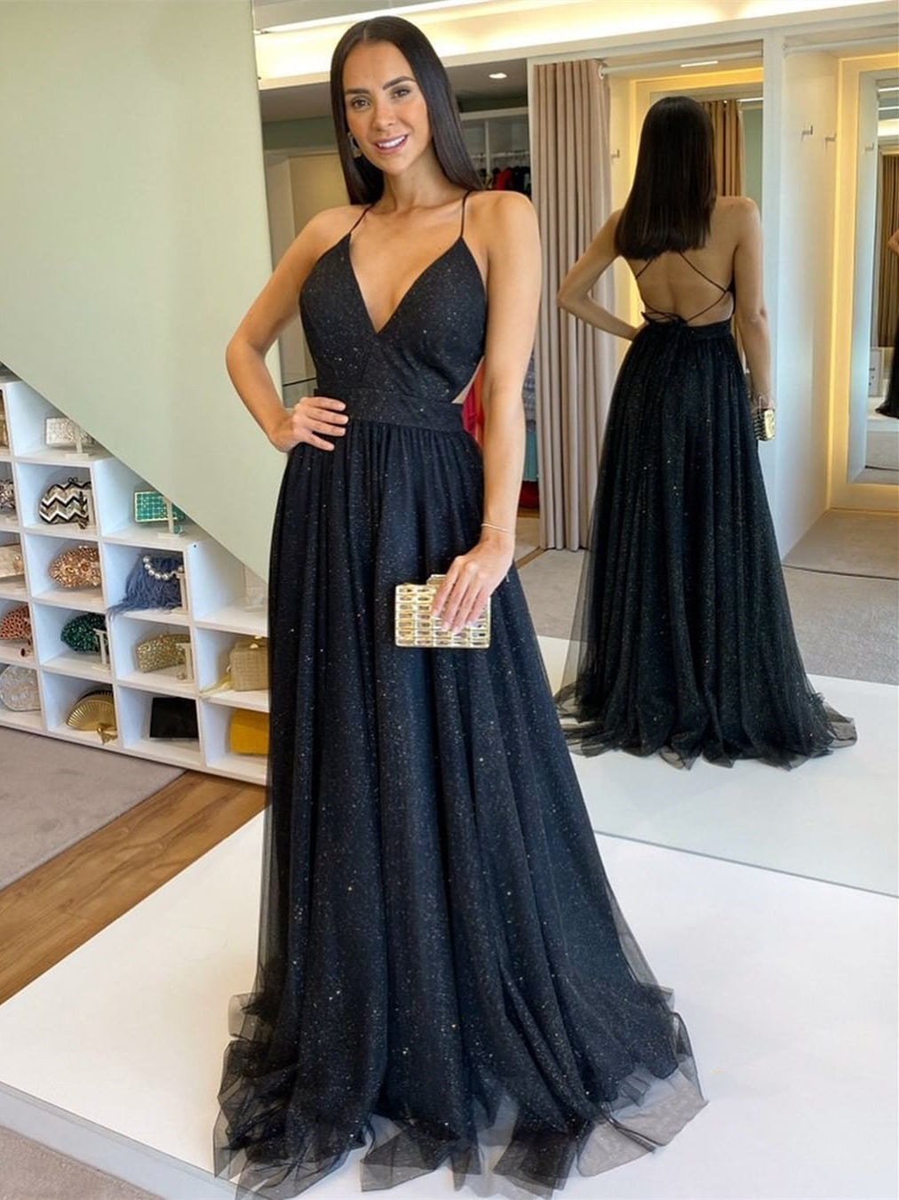 Vestidos de fiesta negros largos con escote en V y espalda descubierta, vestidos de noche formales de graduación con espalda descubierta