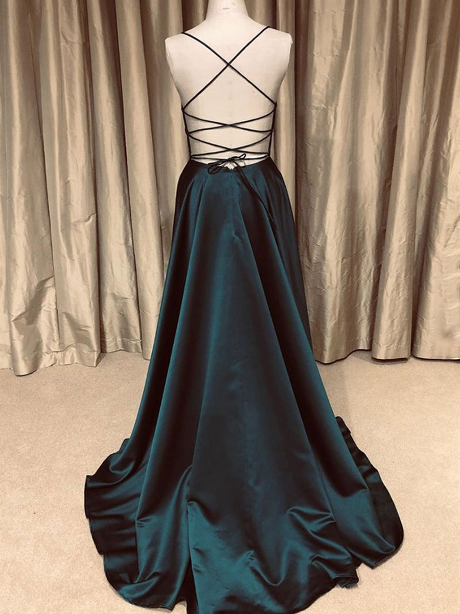 A-Linie V-Ausschnitt Rückenfreies Langes Ballkleid Schlichtes Dunkelgrünes Abendkleid