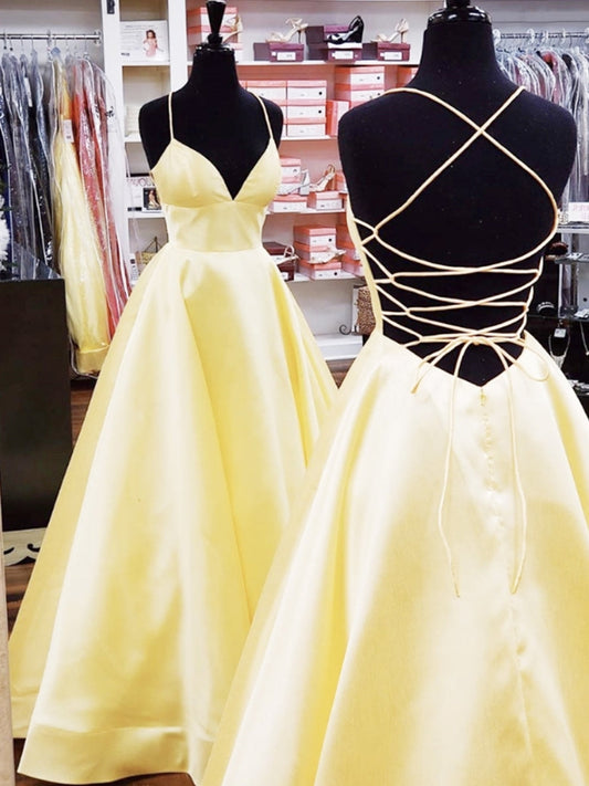 A-Linie V-Ausschnitt rückenfreies langes Ballkleid mit gekreuztem Rücken gelbe formelle Abschluss-Abendkleider