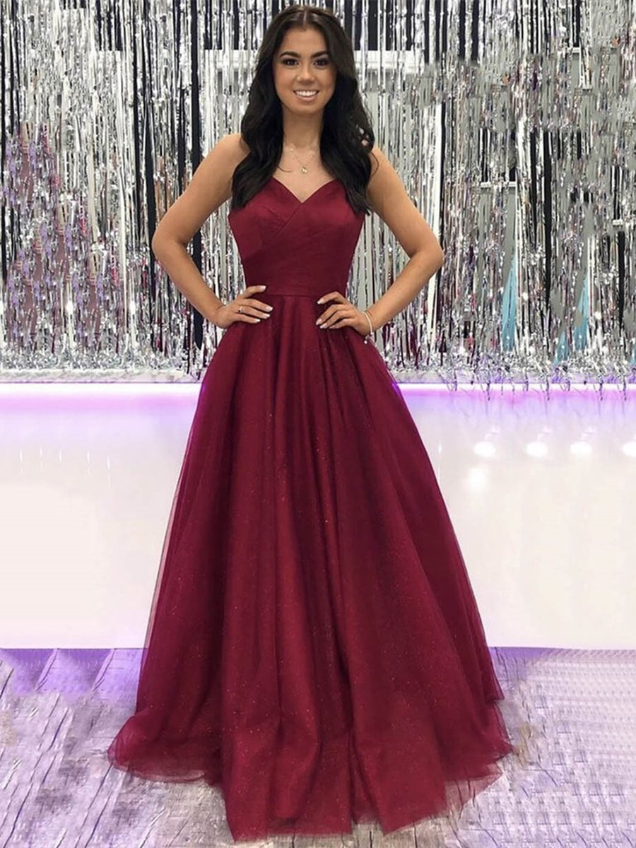 Vestidos de fiesta largos de tul burdeos con escote en V y corte A, vestidos de noche formales burdeos