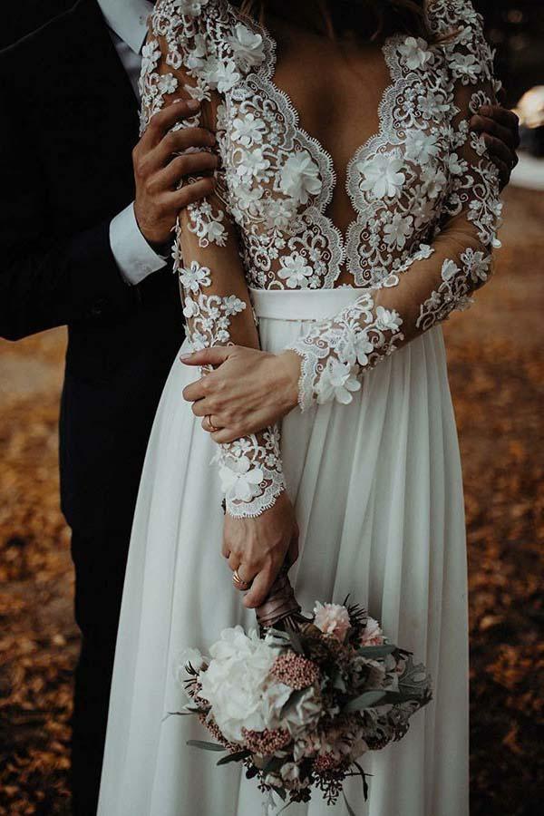 Vestido de novia de gasa con escote en V, largo hasta el suelo, con apliques florales