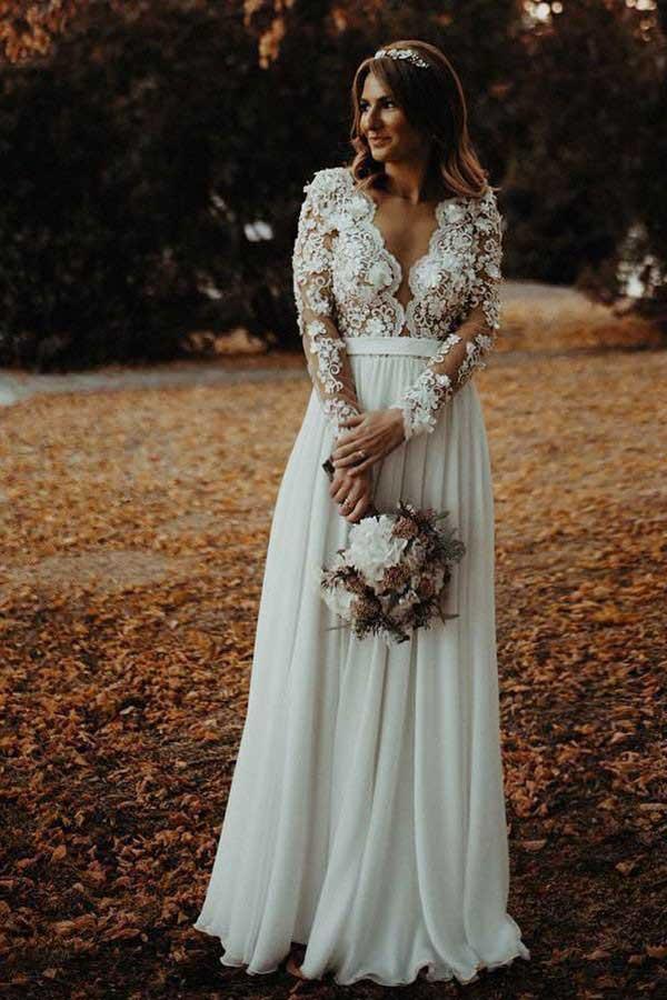 Vestido de novia de gasa con escote en V, largo hasta el suelo, con apliques florales
