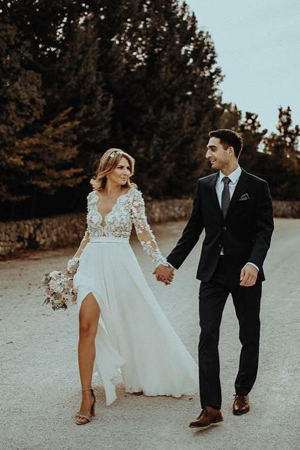 Vestido de novia de gasa con escote en V, largo hasta el suelo, con apliques florales