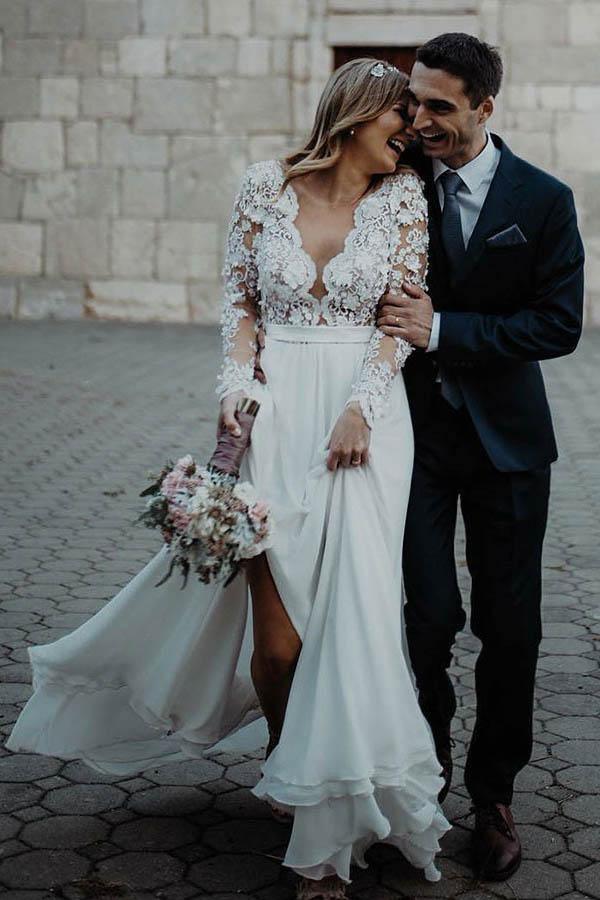 Vestido de novia de gasa con escote en V, largo hasta el suelo, con apliques florales