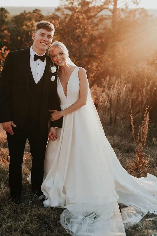 A-line V Neck Ivory Satin Simple Elegant Wedding Dresses
