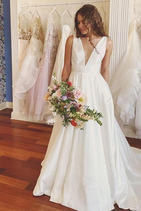 A-line V Neck Ivory Satin Simple Elegant Wedding Dresses