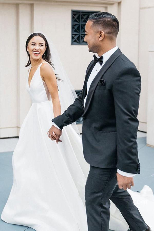 A-line V Neck Ivory Satin Simple Elegant Wedding Dresses