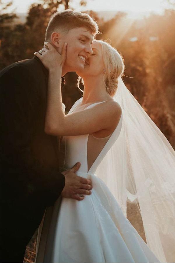 A-line V Neck Ivory Satin Simple Elegant Wedding Dresses