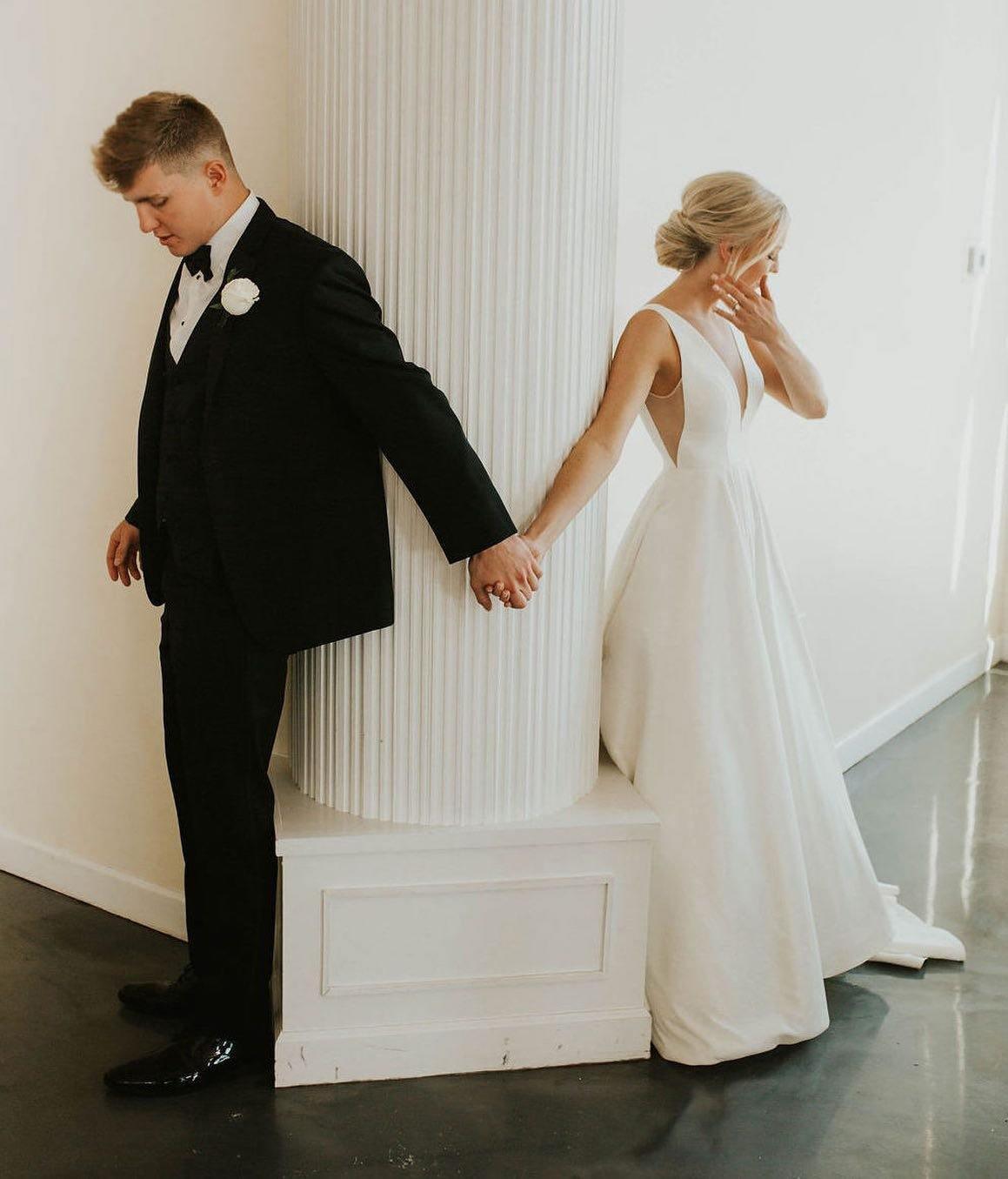 A-line V Neck Ivory Satin Simple Elegant Wedding Dresses
