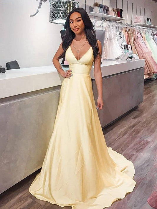 Vestidos de fiesta largos de satén con escote en V y corte A para graduación.