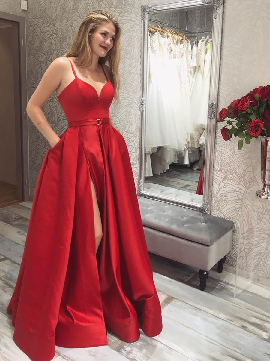 A-Linie, V-Ausschnitt, lange Ballkleider mit hohem Schlitz, formelle Abschlusskleider aus Satin mit Taschen