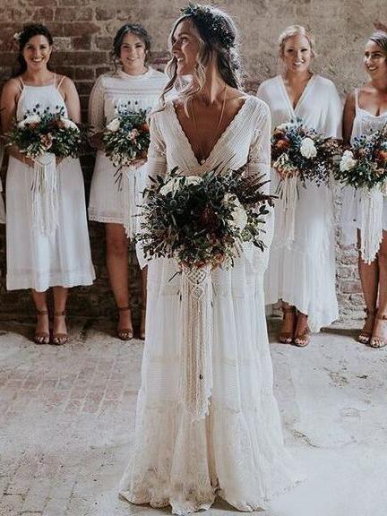 A-line V neck Long Sleeve Wedding Dress Rustic Boho Wedding Dress