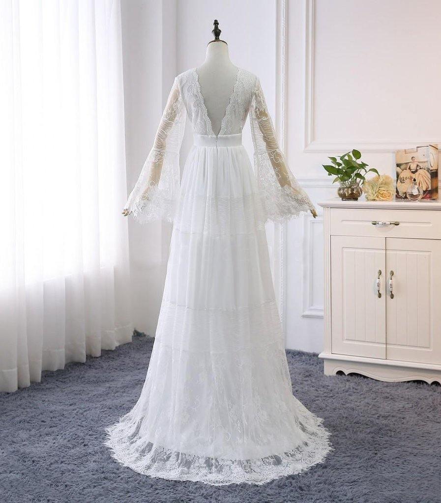 A-line V neck Long Sleeve Wedding Dress Rustic Boho Wedding Dress