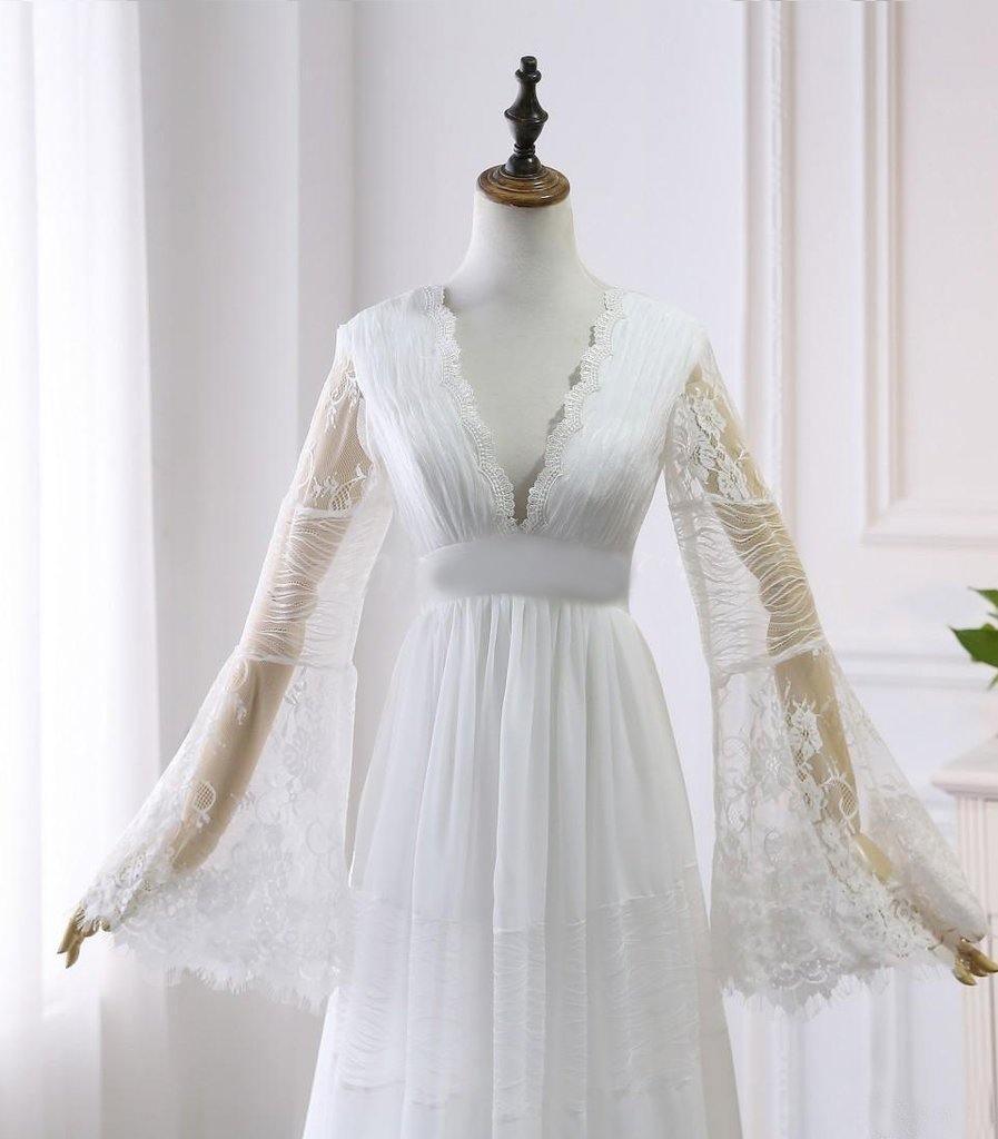A-line V neck Long Sleeve Wedding Dress Rustic Boho Wedding Dress