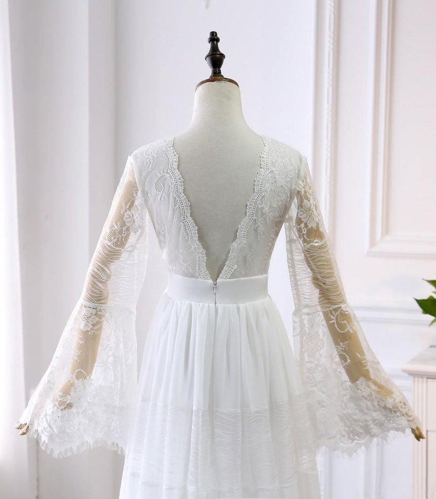 A-line V neck Long Sleeve Wedding Dress Rustic Boho Wedding Dress