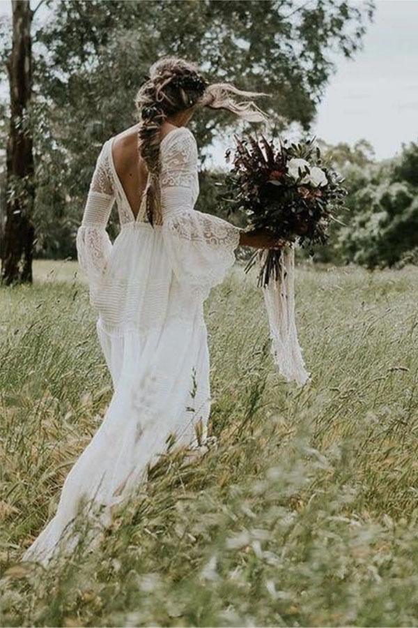 A-line V neck Long Sleeve Wedding Dress Rustic Boho Wedding Dress