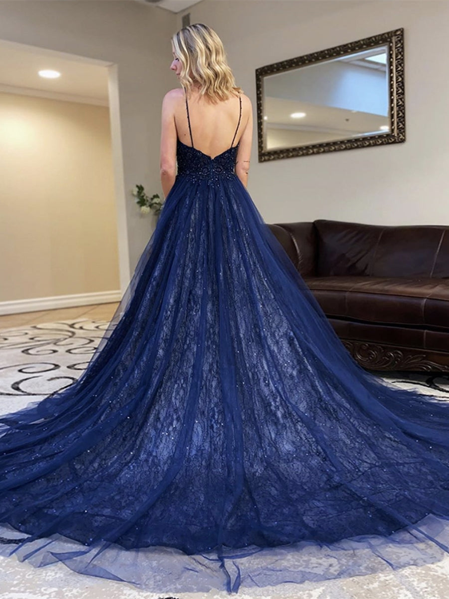 Vestidos de fiesta largos de tul con escote en V, lentejuelas y espalda descubierta en azul marino oscuro.
