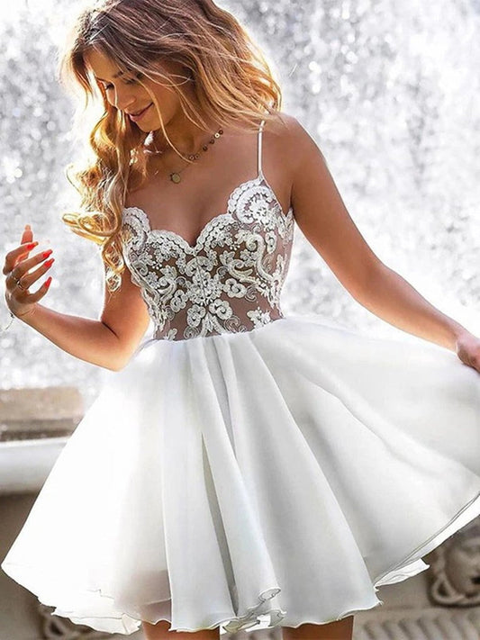 Vestidos de fiesta de gasa con escote en V, cortos, de encaje blanco, para graduación y regreso a casa