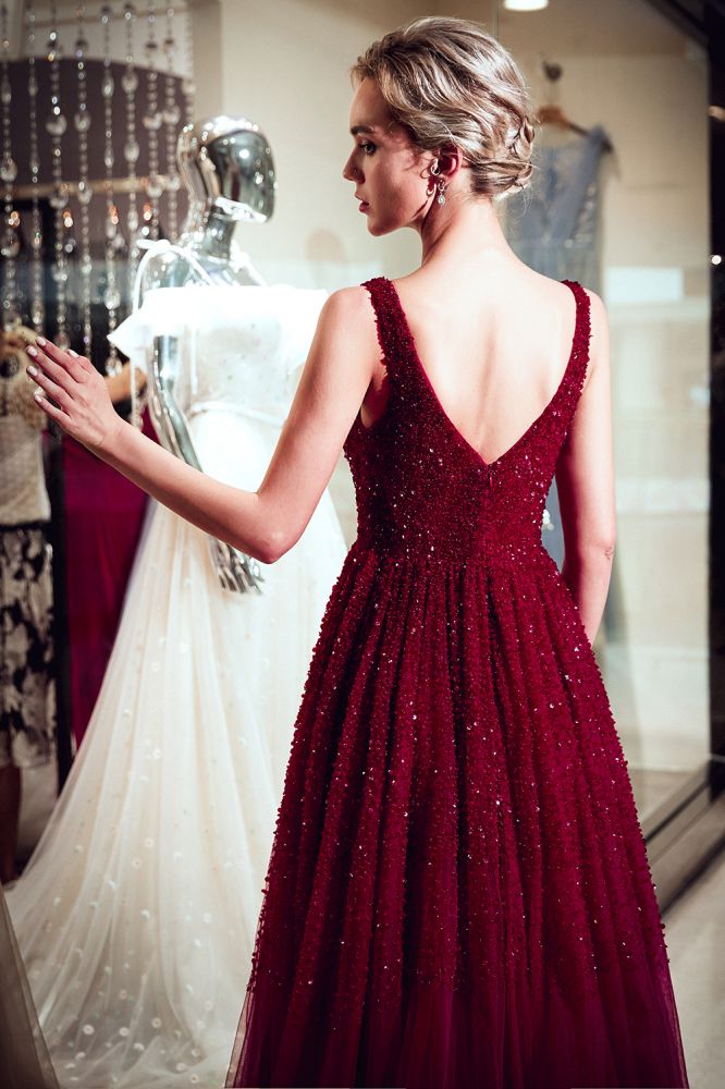 Vestido de noche de tul con lentejuelas burdeos, sin mangas, escote en V y corte A