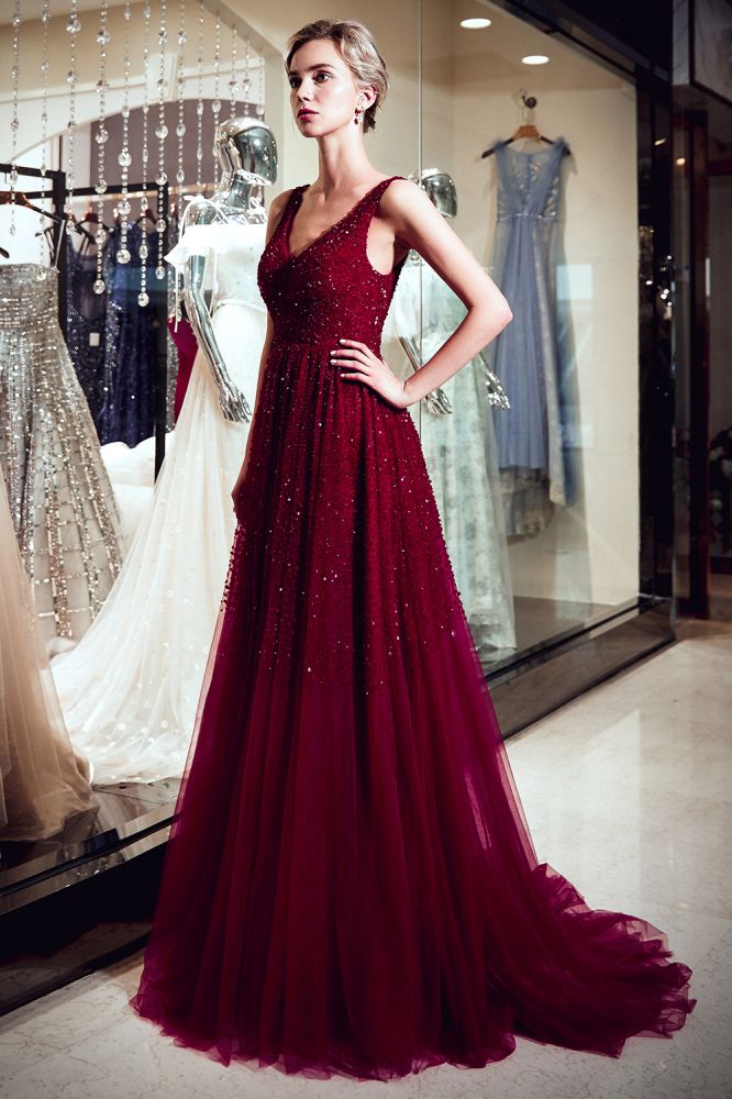 Vestido de noche de tul con lentejuelas burdeos, sin mangas, escote en V y corte A