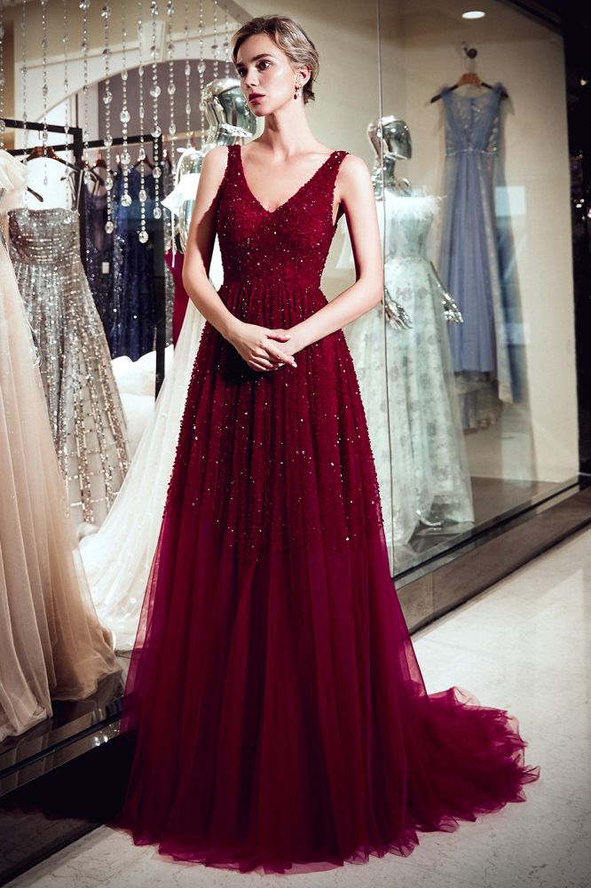 Vestido de noche de tul con lentejuelas burdeos, sin mangas, escote en V y corte A