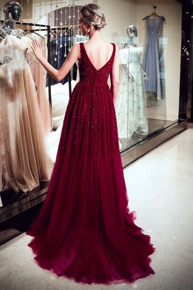 Vestido de noche de tul con lentejuelas burdeos, sin mangas, escote en V y corte A